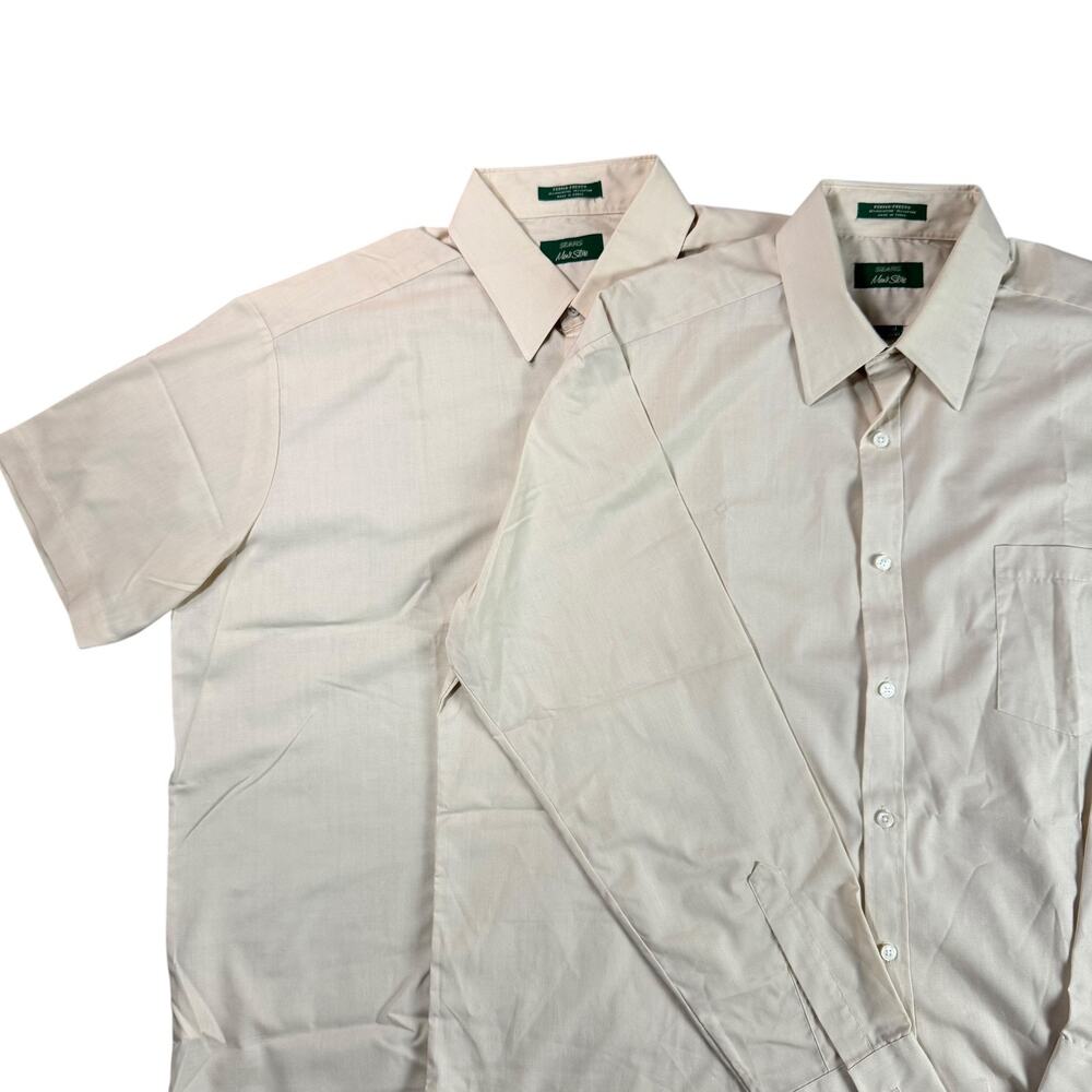 Lot 2 Vtg Sears Mens Vintage Perma-Prest Beige Short Long Sleeve Button Up Shirt